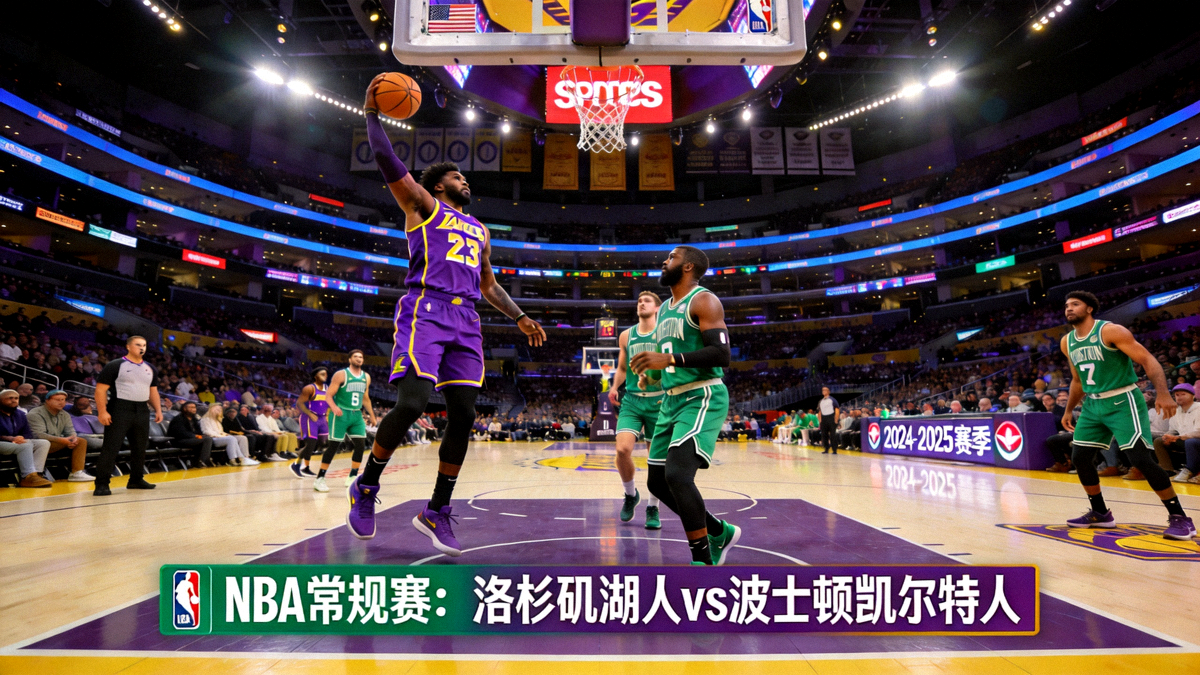 NBA常规赛焦点战直播画面，洛杉矶湖人主场迎战波士顿凯尔特人